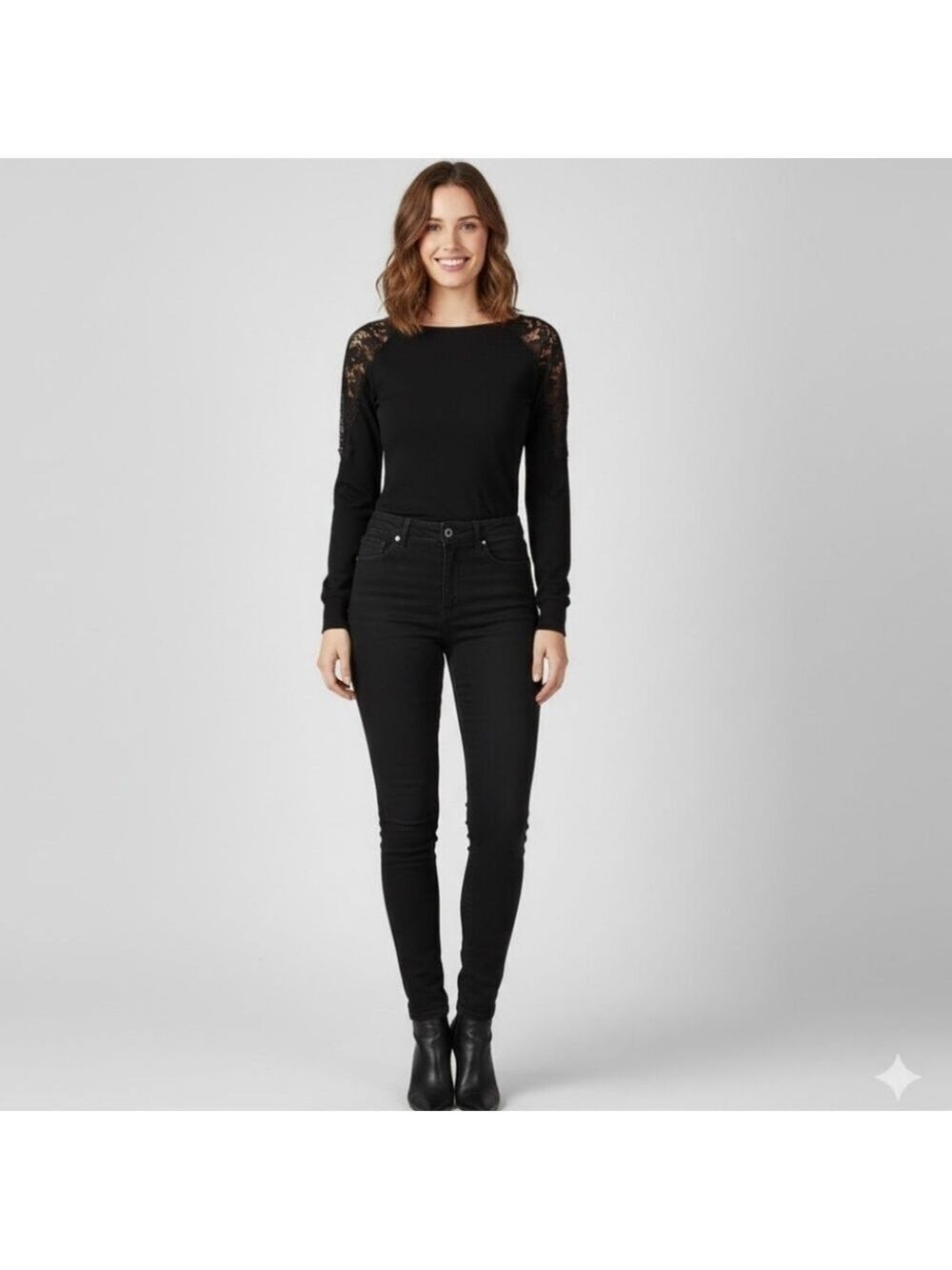 *Massimo Dutti Elegant Black lace detail Long Sleeve Top – Size XS